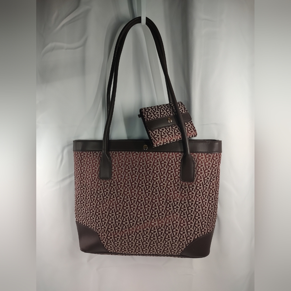 SOLD! Etienne Aigner Vintage Leather and Monogram Burgundy Bag Tote Wallet Key
